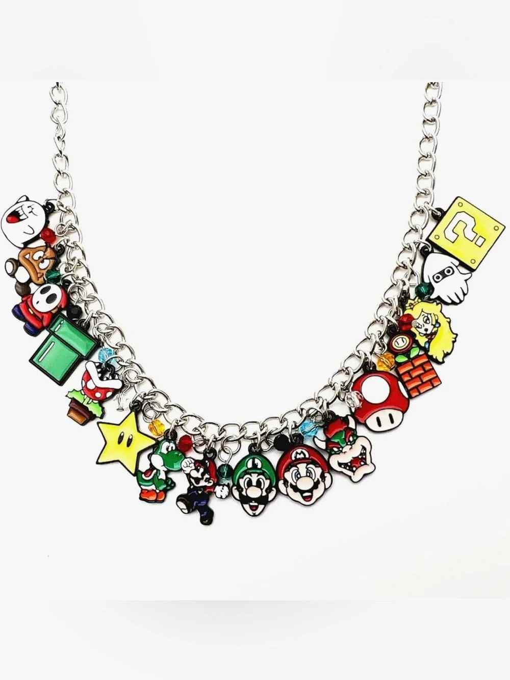 Super Mario Multicolor Enamel & Metal Charm Necklace 22 inch with 2 in ext.